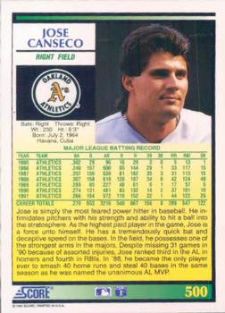 1992 Score #500 Jose Canseco Back
