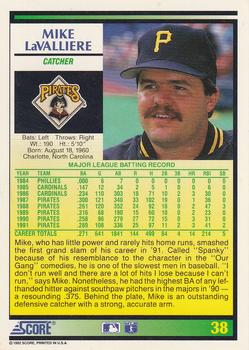 1992 Score #38 Mike LaValliere Back