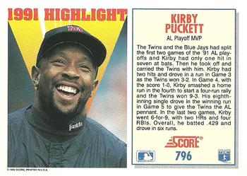 1992 Score #796 Kirby Puckett Back