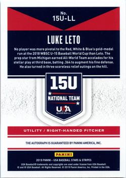 2019 Panini USA Baseball Stars & Stripes - 15U National Team Signatures #15U-LL Luke Leto Back