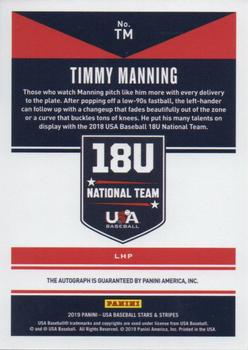 2019 Panini USA Baseball Stars & Stripes - 18U National Team Signatures Black Ink #TM Timmy Manning Back