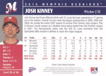 2010 MultiAd Memphis Redbirds #20 Josh Kinney Back