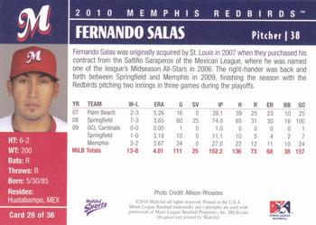 2010 MultiAd Memphis Redbirds #26 Fernando Salas Back
