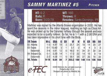 2005 MultiAd Sioux Falls Canaries #12 Sammy Martinez Back