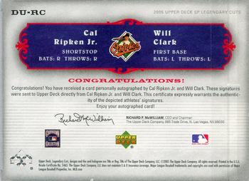 2005 SP Legendary Cuts - Legendary Duos Autograph #DU-RC Cal Ripken Jr. / Will Clark Back