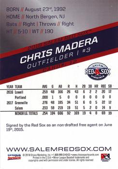 2018 Choice Salem Red Sox #12 Chris Madera Back