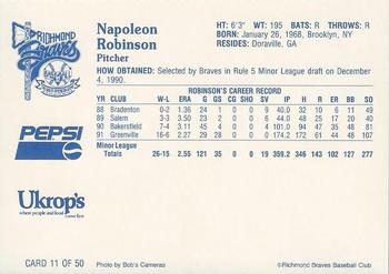1992 Ukrop's Pepsi Richmond Braves #11 Napoleon Robinson Back