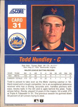 1992 Score - 90's Impact Players #31 Todd Hundley Back
