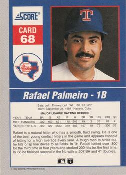 1992 Score - 90's Impact Players #68 Rafael Palmeiro Back