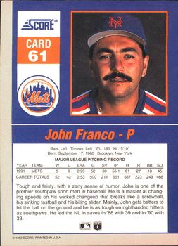 1992 Score - 90's Impact Players #61 John Franco Back
