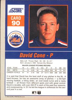 1992 Score - 90's Impact Players #90 David Cone Back