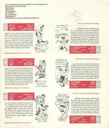 1989 Baseball Cards Magazine '59 Topps Replicas - Full Panel #13-18 Ozzie Smith / Gary Sheffield / Alan Trammell / Cal Ripken Jr. / Barry Larkin / Tony Fernandez Back