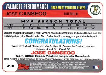 2005 Topps Pristine Legends - Valuable Performance Relics #VP-JC Jose Canseco Back