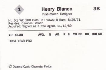 1990 Diamond Cards Kissimmee Dodgers #1 Henry Blanco Back