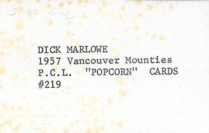 1974 Popcorn 1957-58 Pacific Coast League #219 Dick Marlowe Back