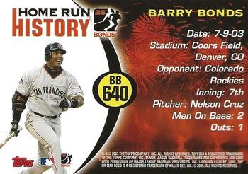 2005 Topps Updates & Highlights - Barry Bonds Home Run History #BB 640 Barry Bonds Back
