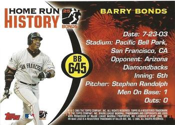 2005 Topps Updates & Highlights - Barry Bonds Home Run History #BB 645 Barry Bonds Back