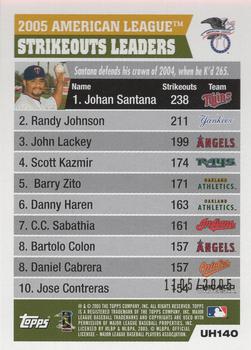 2005 Topps Updates & Highlights - Gold #UH140 2005 American League Strikeout Leaders (Johan Santana / Randy Johnson / John Lackey) Back