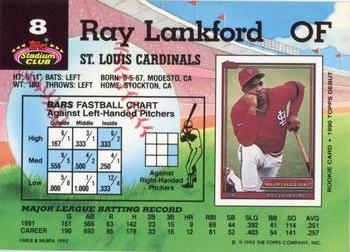 1992 Stadium Club #8 Ray Lankford Back