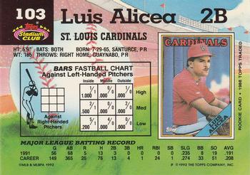 1992 Stadium Club #103 Luis Alicea Back