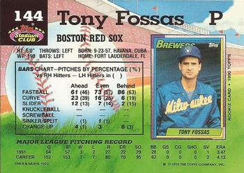 1992 Stadium Club #144 Tony Fossas Back