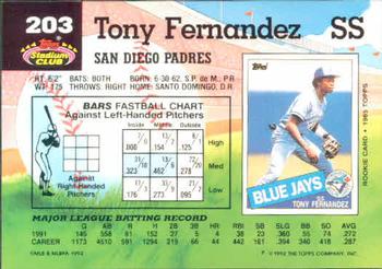 1992 Stadium Club #203 Tony Fernandez Back