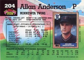 1992 Stadium Club #204 Allan Anderson Back