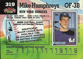1992 Stadium Club #319 Mike Humphreys Back