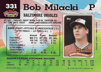 1992 Stadium Club #331 Bob Milacki Back