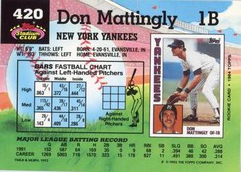 1992 Stadium Club #420 Don Mattingly Back