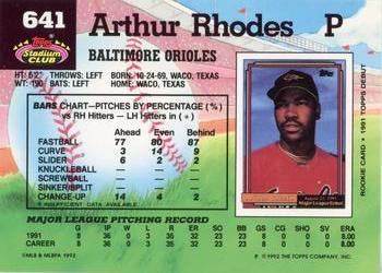 1992 Stadium Club #641 Arthur Rhodes Back