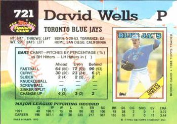 1992 Stadium Club #721 David Wells Back