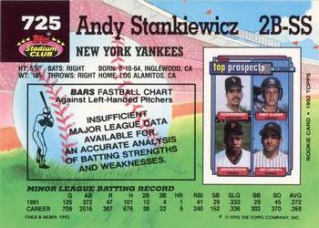 1992 Stadium Club #725 Andy Stankiewicz Back