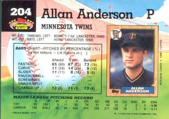 1992 Stadium Club #204 Allan Anderson Back