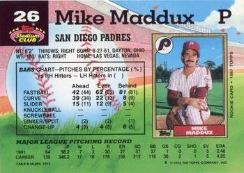 1992 Stadium Club #26 Mike Maddux Back