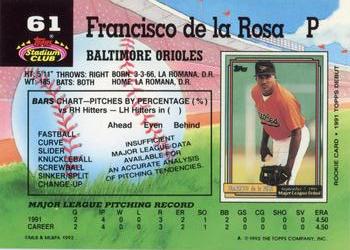 1992 Stadium Club #61 Francisco de la Rosa Back