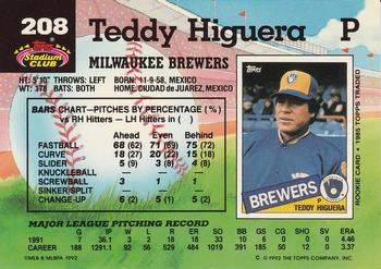 1992 Stadium Club #208 Teddy Higuera Back