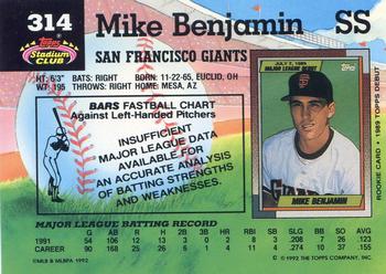 1992 Stadium Club #314 Mike Benjamin Back