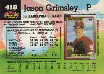 1992 Stadium Club #418 Jason Grimsley Back