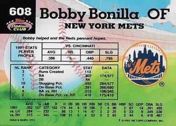 1992 Stadium Club #608 Bobby Bonilla Back