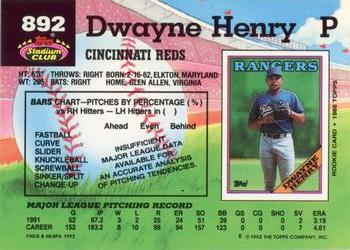 1992 Stadium Club #892 Dwayne Henry Back