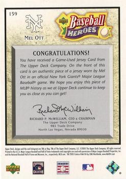 2005 Upper Deck Baseball Heroes - Memorabilia #159 Mel Ott Back