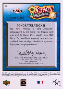 2005 Upper Deck Baseball Heroes - Signature Blue #91 Will Clark Back