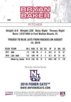2019 Choice New Hampshire Fisher Cats #2 Bryan Baker Back