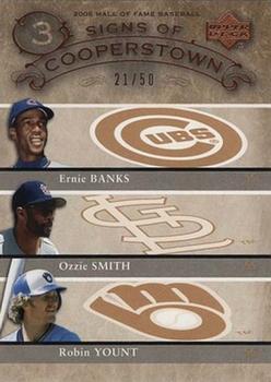 2005 Upper Deck Hall of Fame - Signs of Cooperstown Triples #BSY Ernie Banks / Ozzie Smith / Robin Yount Front