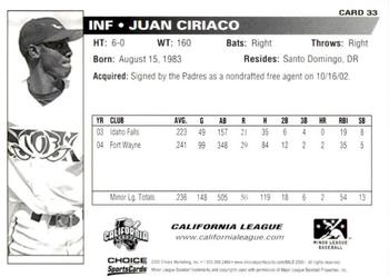 2005 Choice Carolina-California All-Stars #33 Juan Ciriaco Back