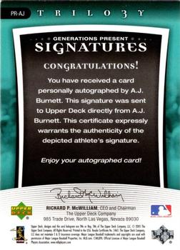 2005 Upper Deck Trilogy - Generations Present Signatures Silver #PR-AB A.J. Burnett Back