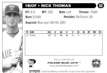 2004 Choice Pulaski Blue Jays #32 Nick Thomas Back