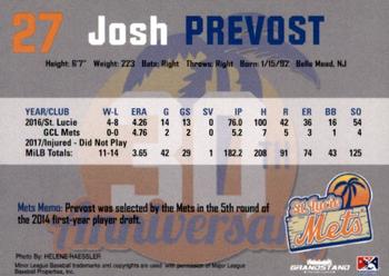 2018 Grandstand St. Lucie Mets #NNO Josh Prevost Back