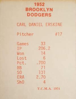 1974 TCMA 1952 Brooklyn Dodgers - Blue/White Red Names / Red Backs #NNO Carl Erskine Back
